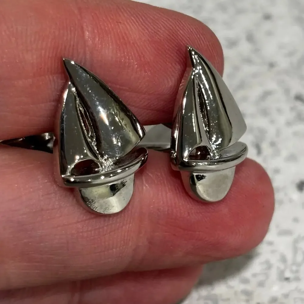 Sail boat shaped silver tone cufflinks nautical theme cuff links for man